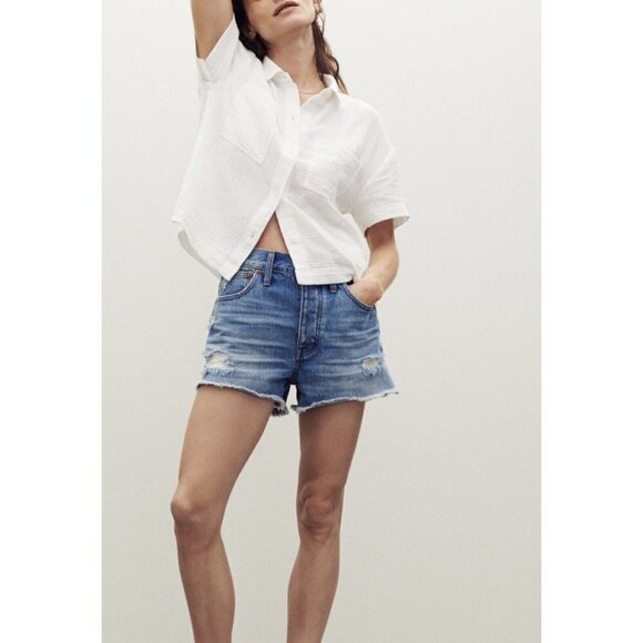 MADEWELL 100% Cotton Relaxed Blue Denim Shorts   Homecrest Wash Size 28 Distress - Picture 1 of 5